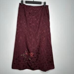 April Cornell Women's Vintage Maroon Maxi Skirt with Flower Embroidery Size M